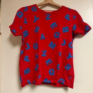 Red and Blue T shirt with multiple letters